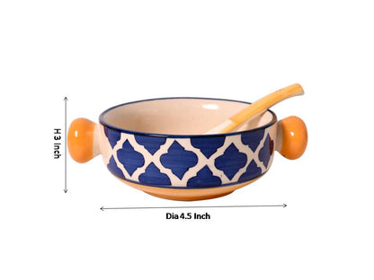 ceramic multicolor handpainted umrao pattern jumbo soup bowl with round handles(Set of 6)