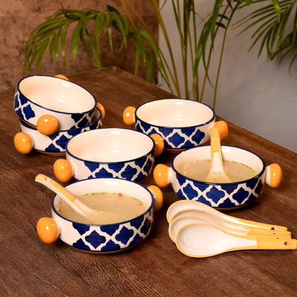 ceramic multicolor handpainted umrao pattern jumbo soup bowl with round handles(Set of 6)
