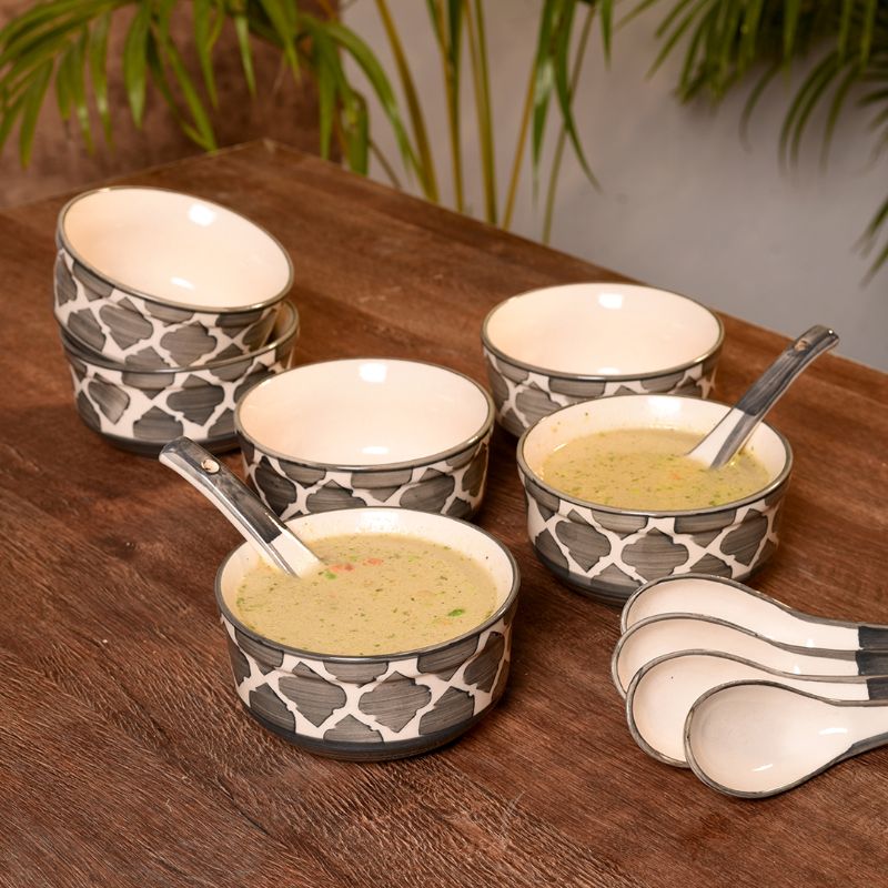ceramic black & white handpainted umrao pattern soup bowl(Set of 6)