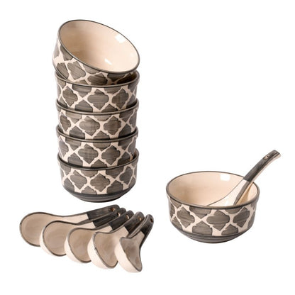 ceramic black & white handpainted umrao pattern soup bowl(Set of 6)