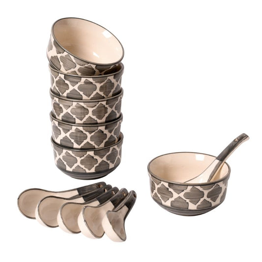 ceramic black & white handpainted umrao pattern soup bowl(Set of 6)