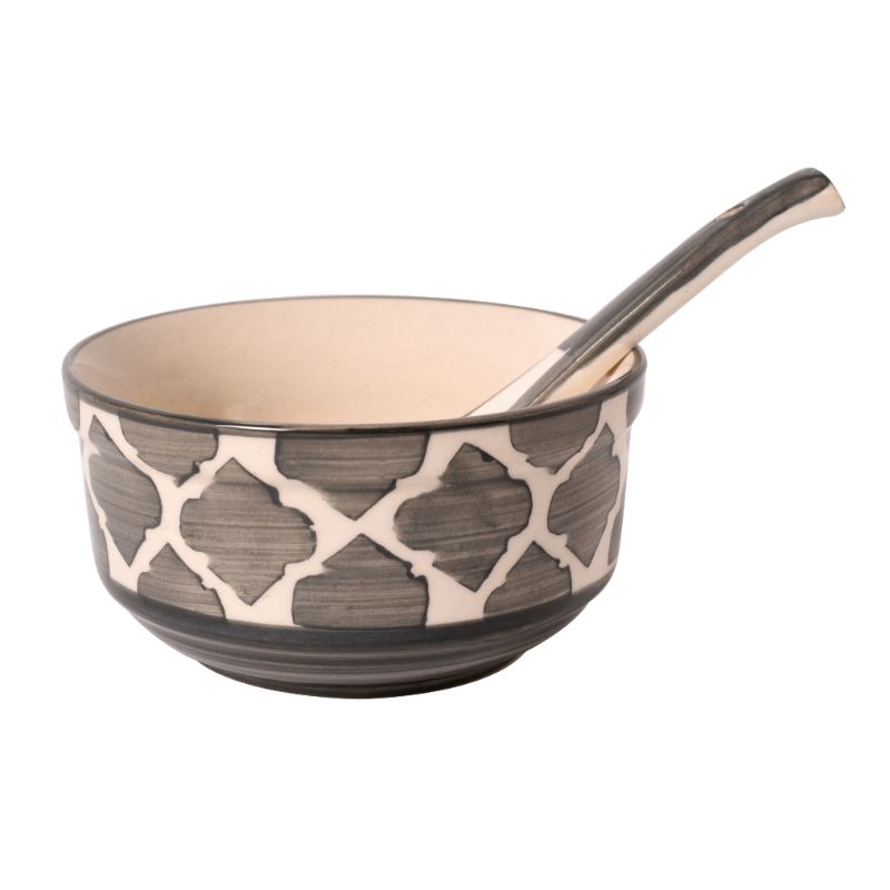 ceramic black & white handpainted umrao pattern soup bowl(Set of 6)