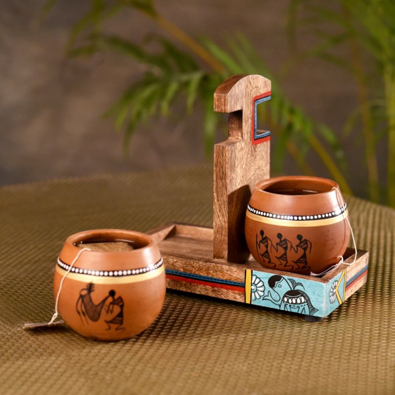 warli handpainted terracotta kullad with wooden holder stand