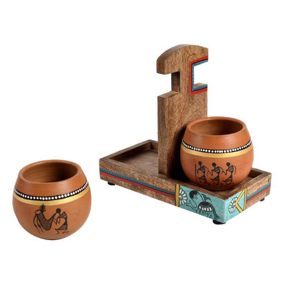 warli handpainted terracotta kullad with wooden holder stand