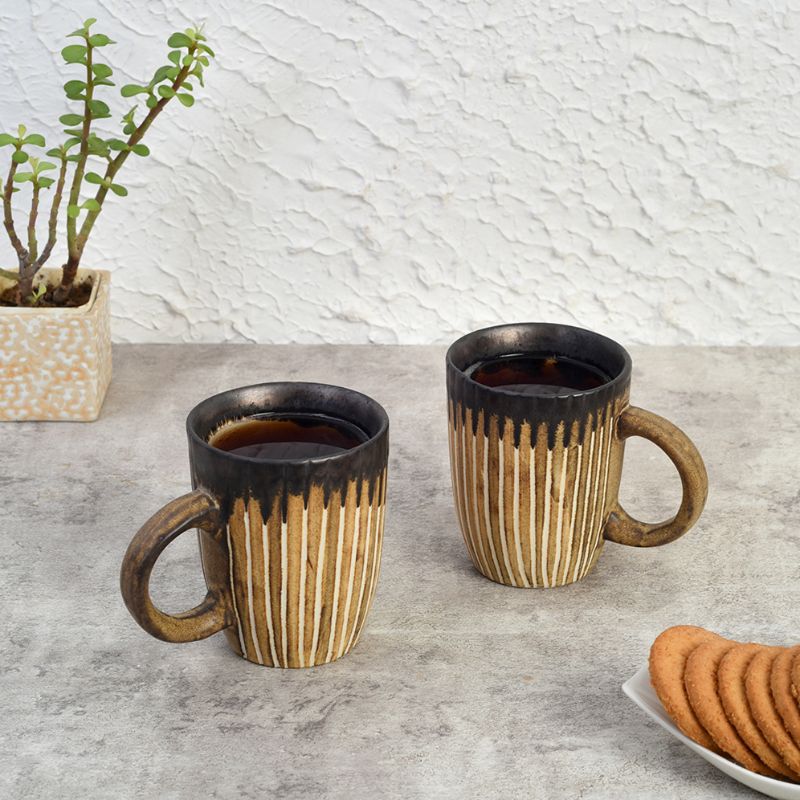 Studio Pottery Ceramic Coffee Mugs(Set of 2, Brown & Off-White)