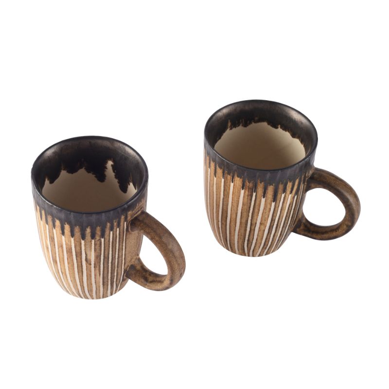 Studio Pottery Ceramic Coffee Mugs(Set of 2, Brown & Off-White)