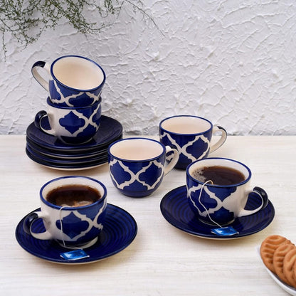 "Blue Moroccan" Handpainted Ceramic Cups Saucer(6 Cup, 6 Saucer)