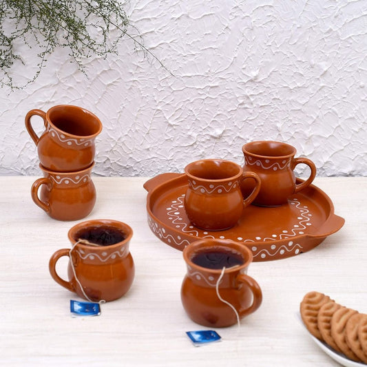 Ceramic "Shades of Village" Cutting Chai Cups with Trays(6 Cup, 1 Tray)