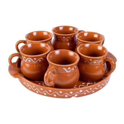 Ceramic "Shades of Village" Cutting Chai Cups with Trays(6 Cup, 1 Tray)