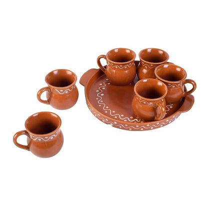 Ceramic "Shades of Village" Cutting Chai Cups with Trays(6 Cup, 1 Tray)