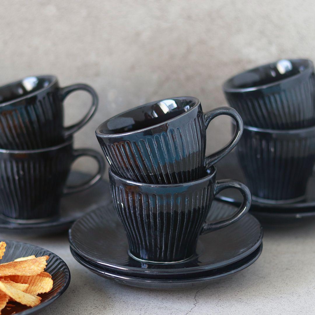 black stoneware cup & saucer set(6 Cup, 6 Saucer)