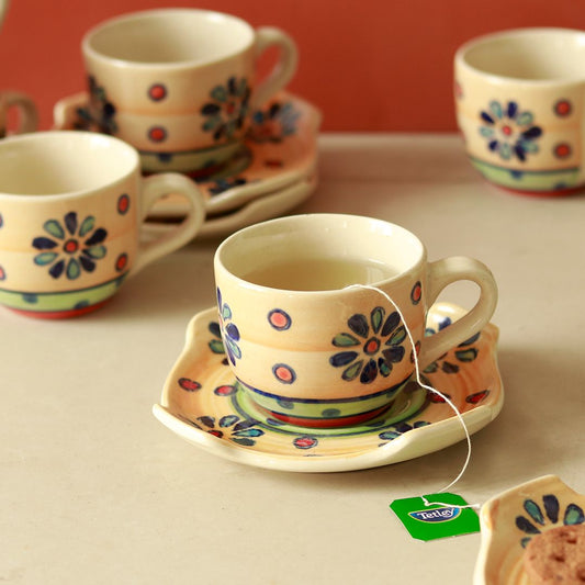 "Flower Petals" handpainted ceramic cup & saucer set(6 Cup, 6 Saucer)