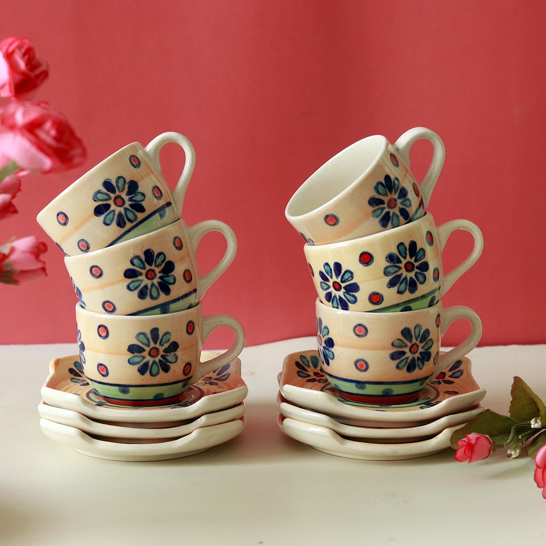 "Flower Petals" handpainted ceramic cup & saucer set(6 Cup, 6 Saucer)