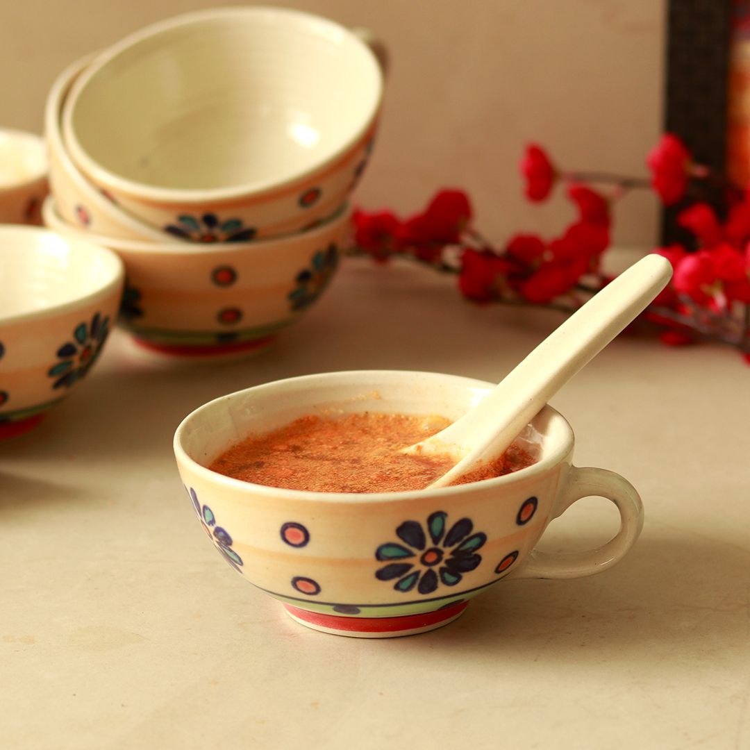 "Flower Petals" handpainted ceramic soup bowl(6 Bowl, 6 Spoon)