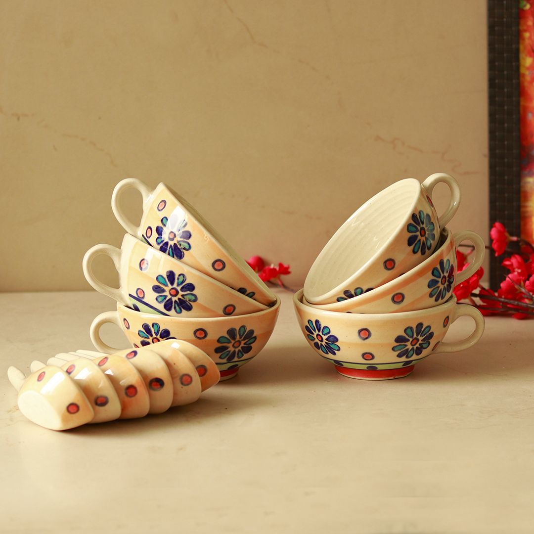 "Flower Petals" handpainted ceramic soup bowl(6 Bowl, 6 Spoon)