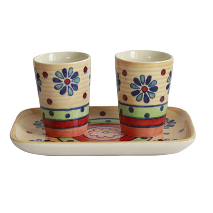 "Flower Petals" handpainted ceramic tumbler with tray(2 Glass, 1 Tray)