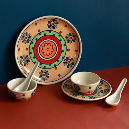 "Flower Petals" handpainted ceramic dinner set(1Big Plate, 1Small Plate, 2 Bowl, 2 Spoon)