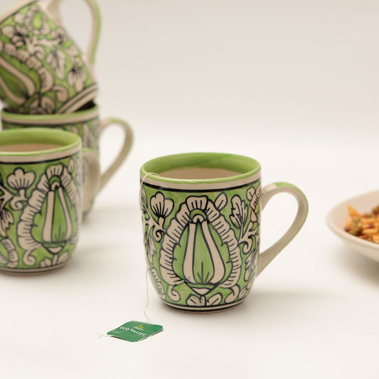 shades of Green "Mugal Floral" handpainted tea/coffee Mugs(Set of 6)