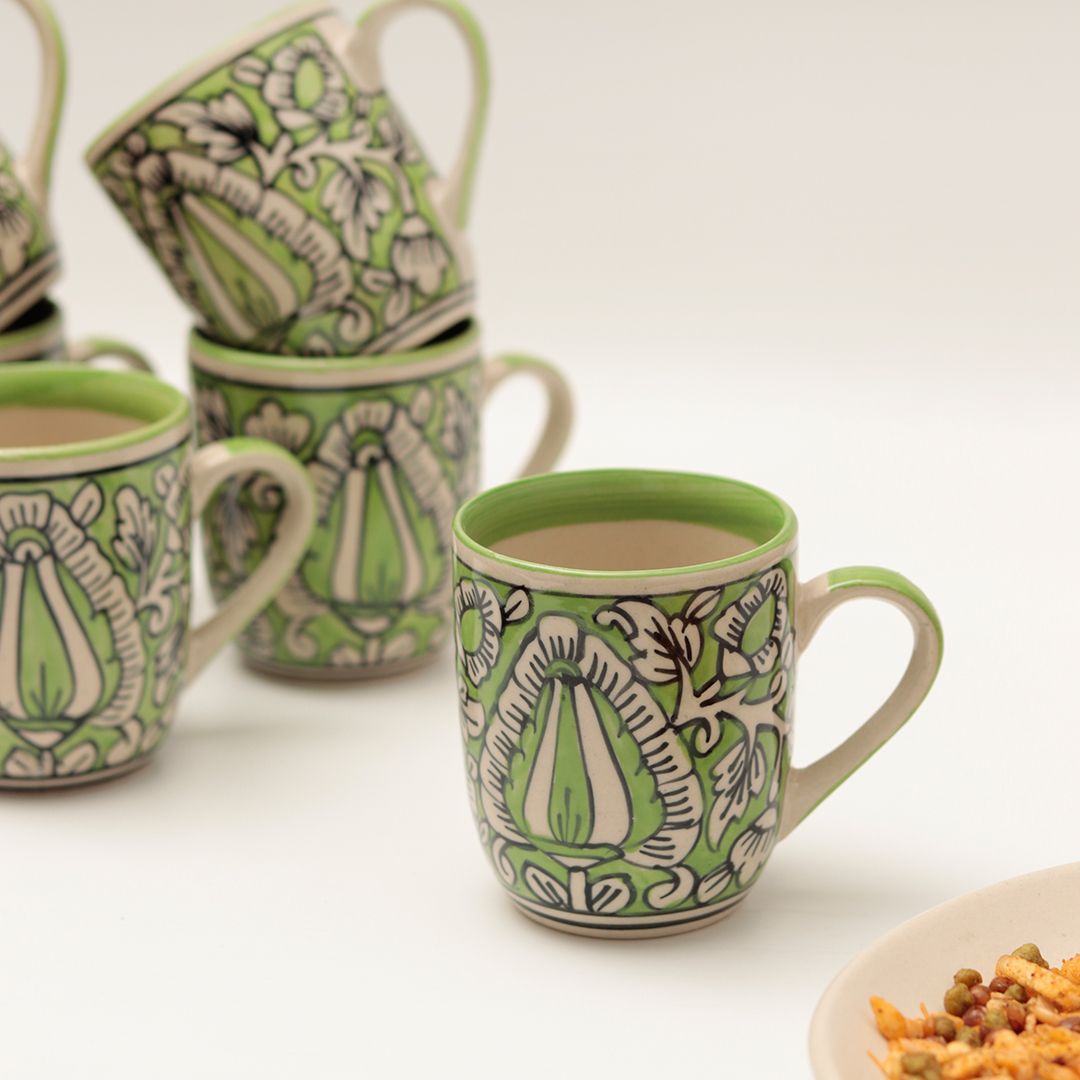 shades of Green "Mugal Floral" handpainted tea/coffee Mugs(Set of 6)