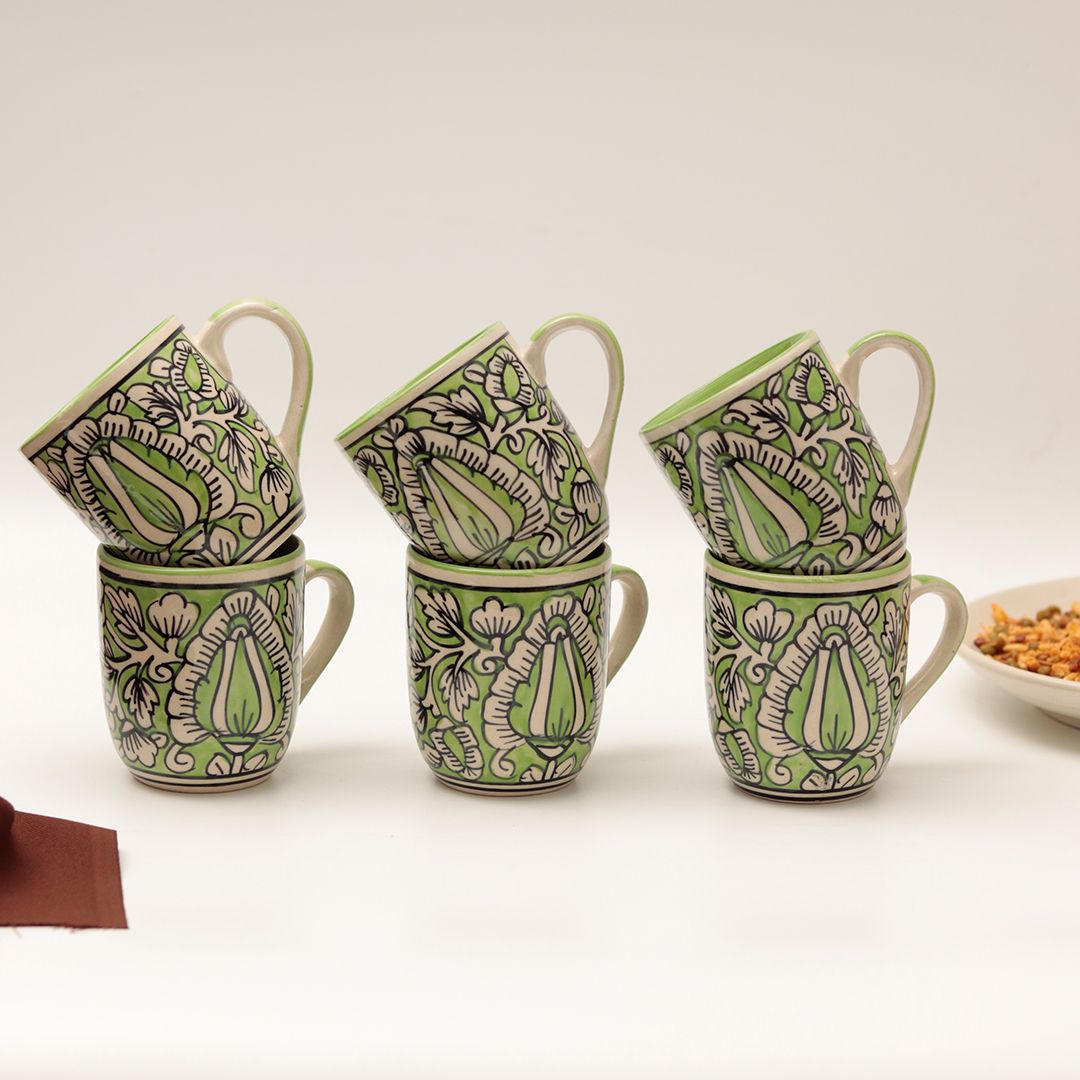 shades of Green "Mugal Floral" handpainted tea/coffee Mugs(Set of 6)