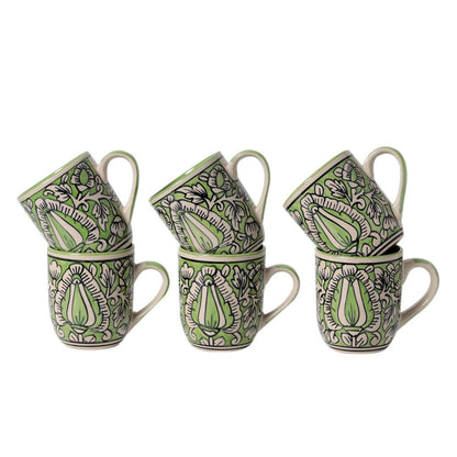 shades of Green "Mugal Floral" handpainted tea/coffee Mugs(Set of 6)