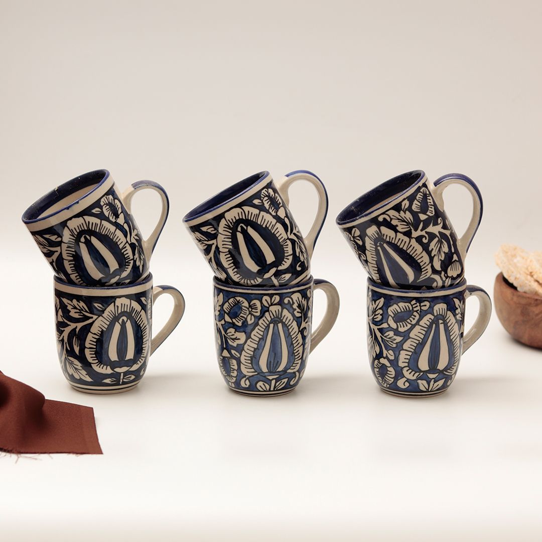 shades of Blue "Mugal Floral" handpainted tea/coffee Mugs(Set of 6)