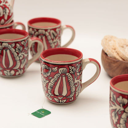 shades of Red "Mugal Floral" handpainted tea/coffee Mugs(Set of 6)