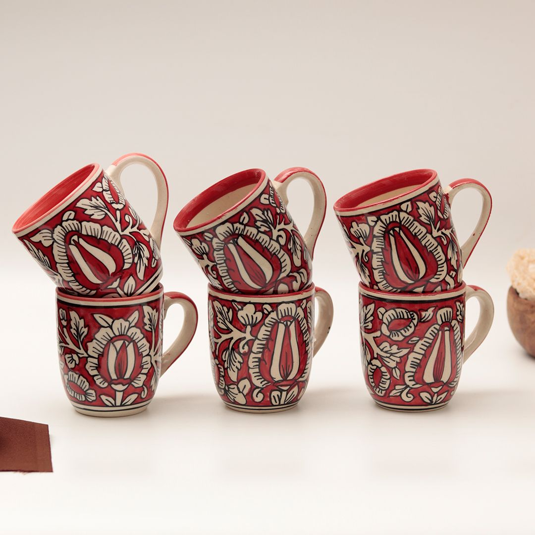 shades of Red "Mugal Floral" handpainted tea/coffee Mugs(Set of 6)