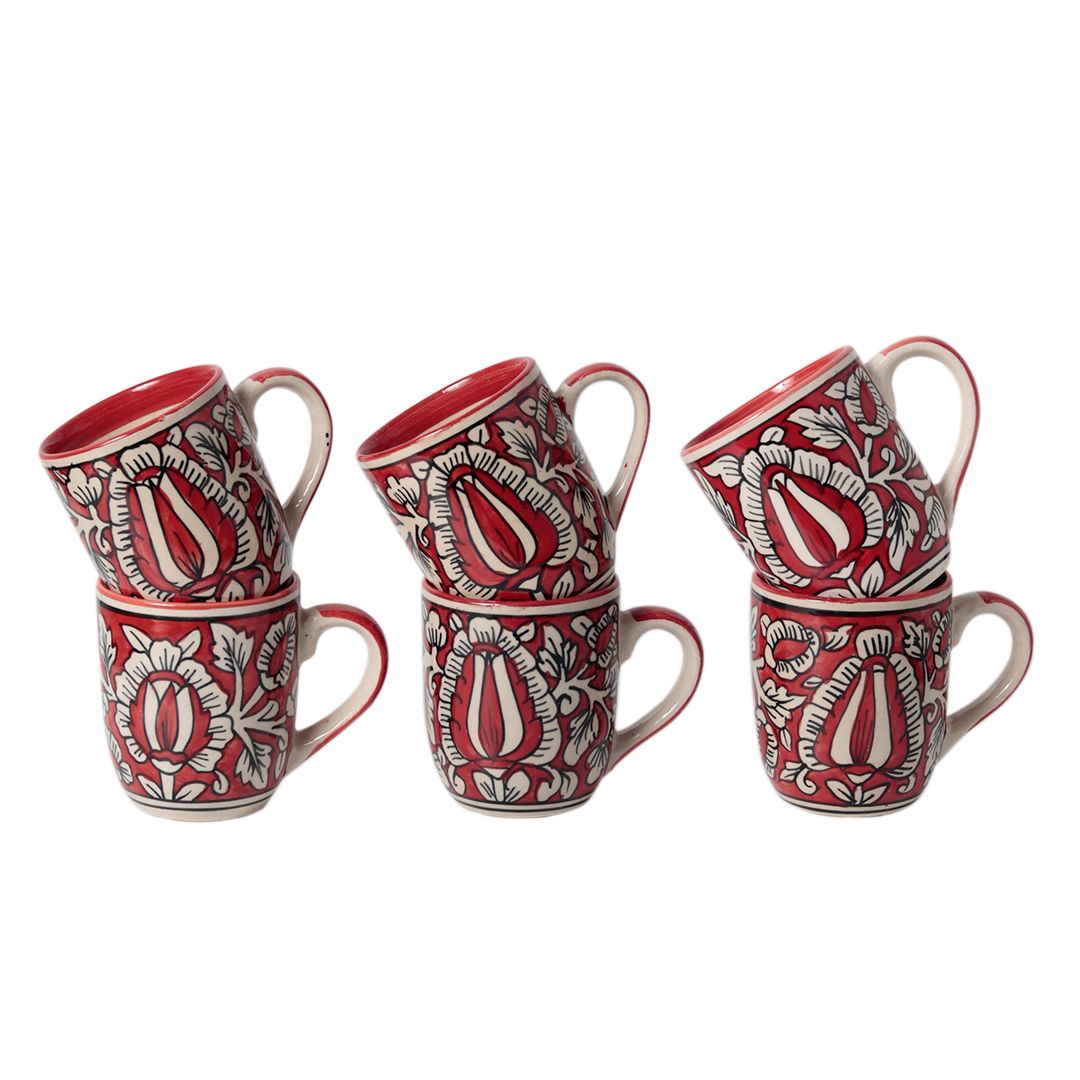 shades of Red "Mugal Floral" handpainted tea/coffee Mugs(Set of 6)