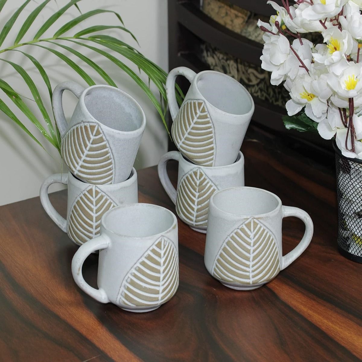 "Shades of Leaf" handpainted tea/coffee Mugs(Set of 6)