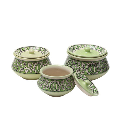 "Mugal Bageecha" ceramic handpainted handi in Green & White shade(Set of 3)