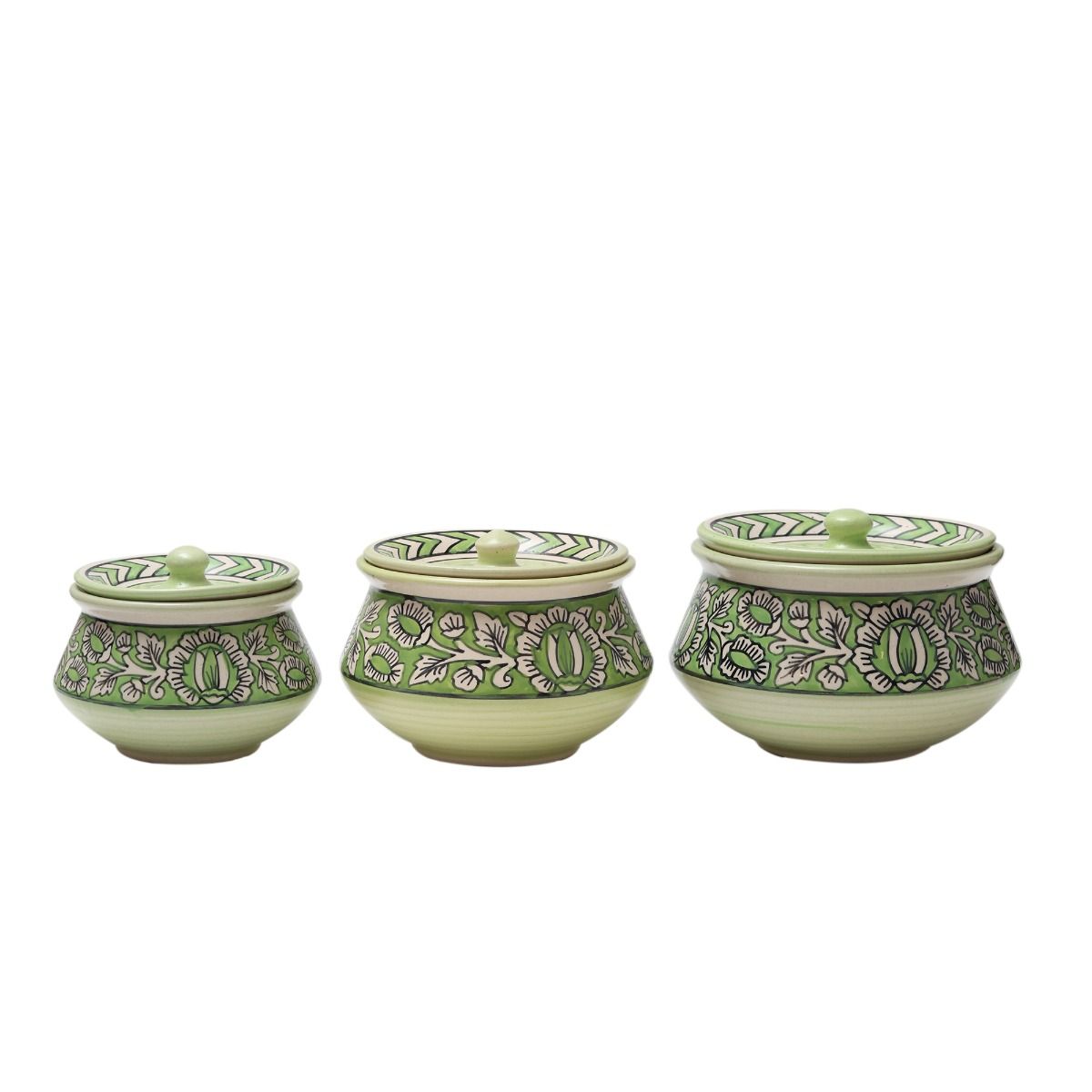 "Mugal Bageecha" ceramic handpainted handi in Green & White shade(Set of 3)