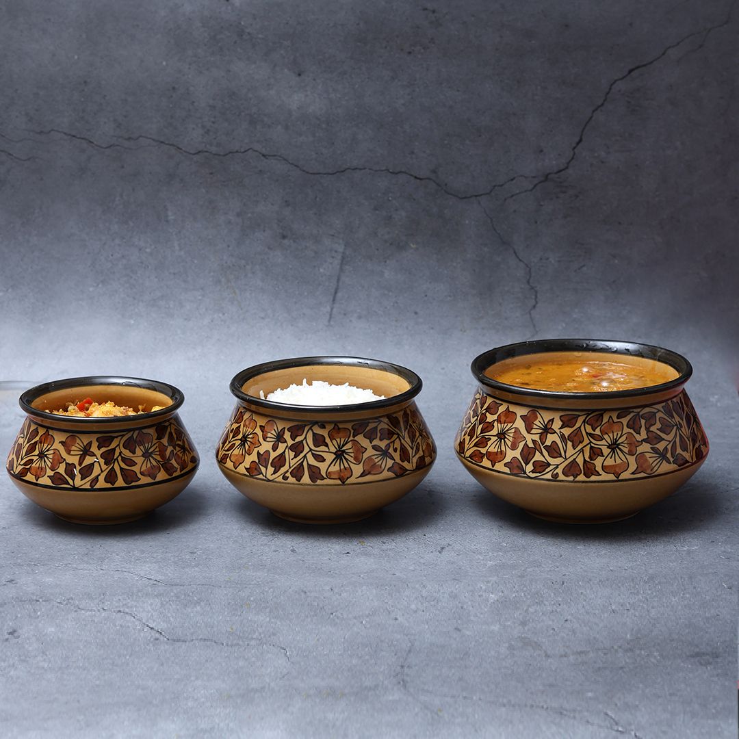 "Mugal Bageecha" ceramic handi in Brown Shade(Set of 3)