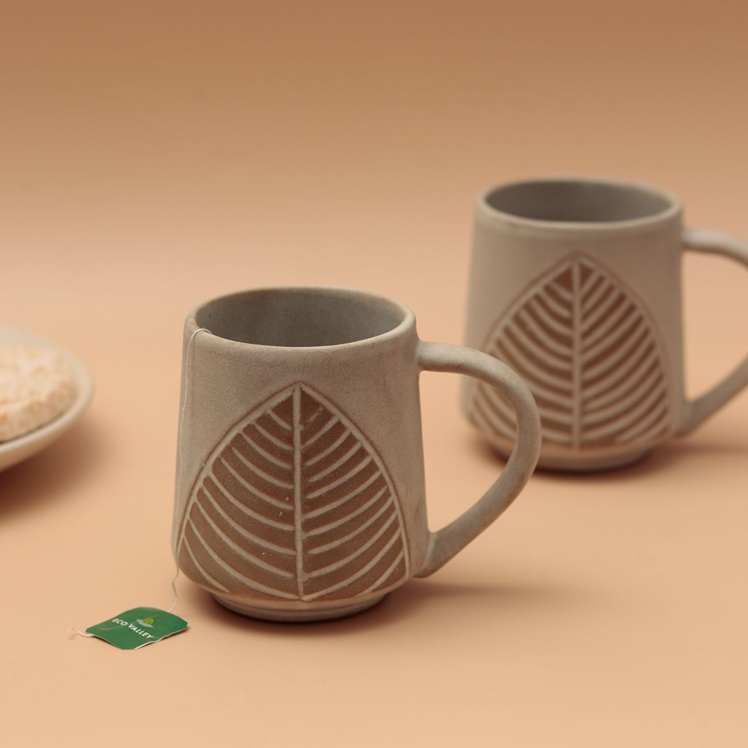 "Shades of Leaf" ceramic tea/coffee Mugs(Set of 2)