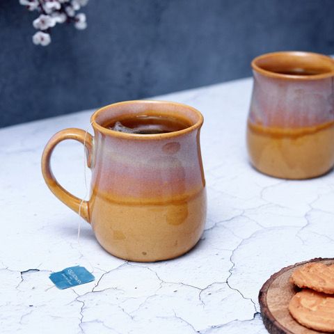 "Shades of Gold/Off-white" studio glazed ceramic tea/coffee mug (Set of 2)