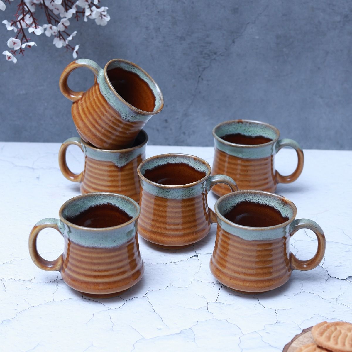 "Ceramic Ripple" brown grey drip dual glazed tea/cofee Mug(Set of 6)