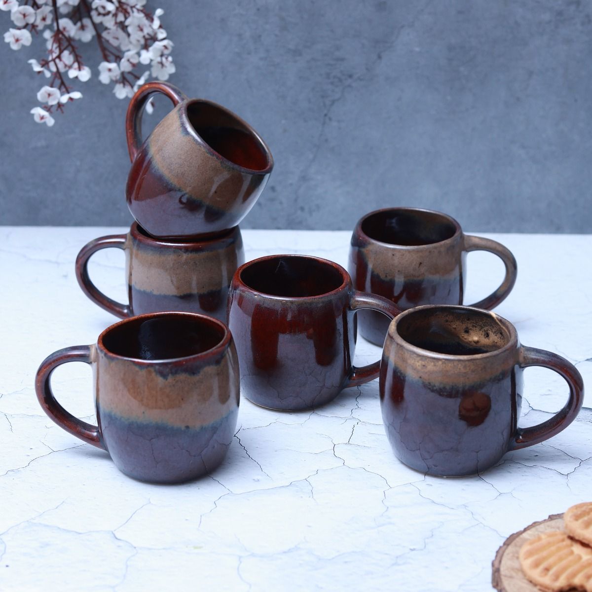 "Luxurious Midnight” maroon grey drip dual studio tea/coffee mug set(Set of 6)