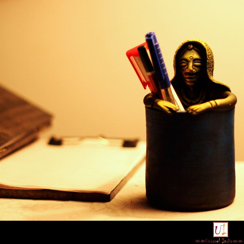 Terracotta Tribal Woman Pen Holder
