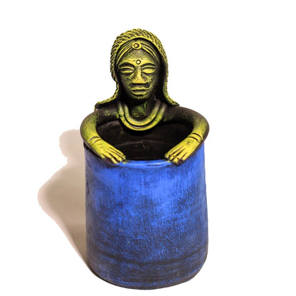 Terracotta Tribal Woman Pen Holder