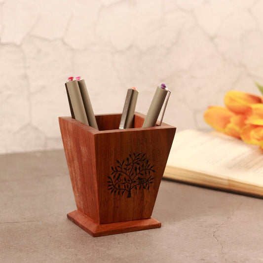 handcarved "Tree of Life" sheesham wood stationary holder for pen/pencil