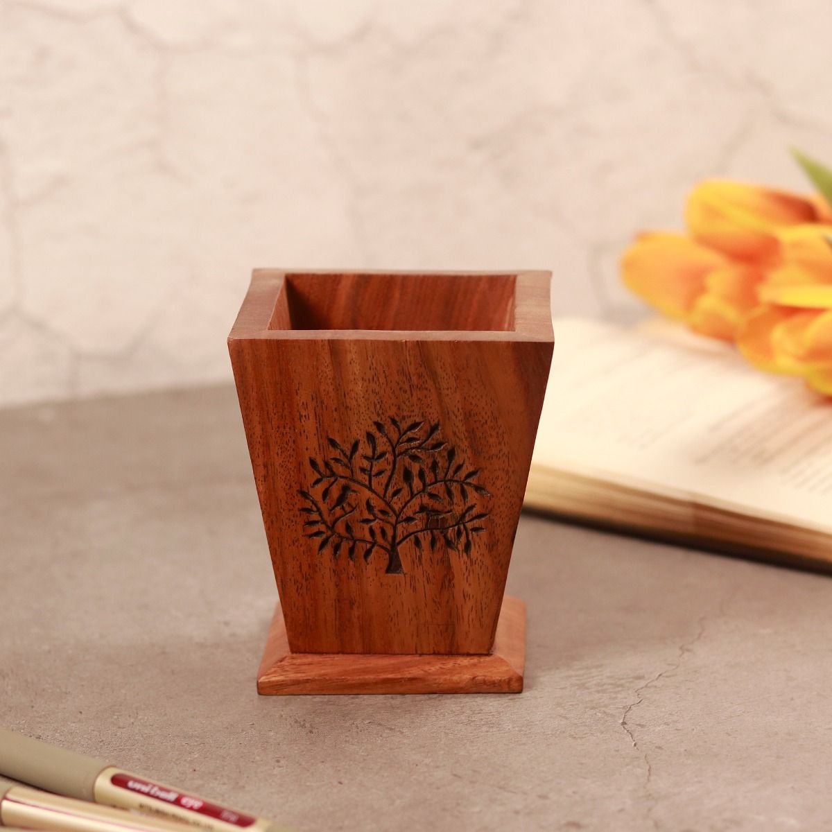 handcarved "Tree of Life" sheesham wood stationary holder for pen/pencil