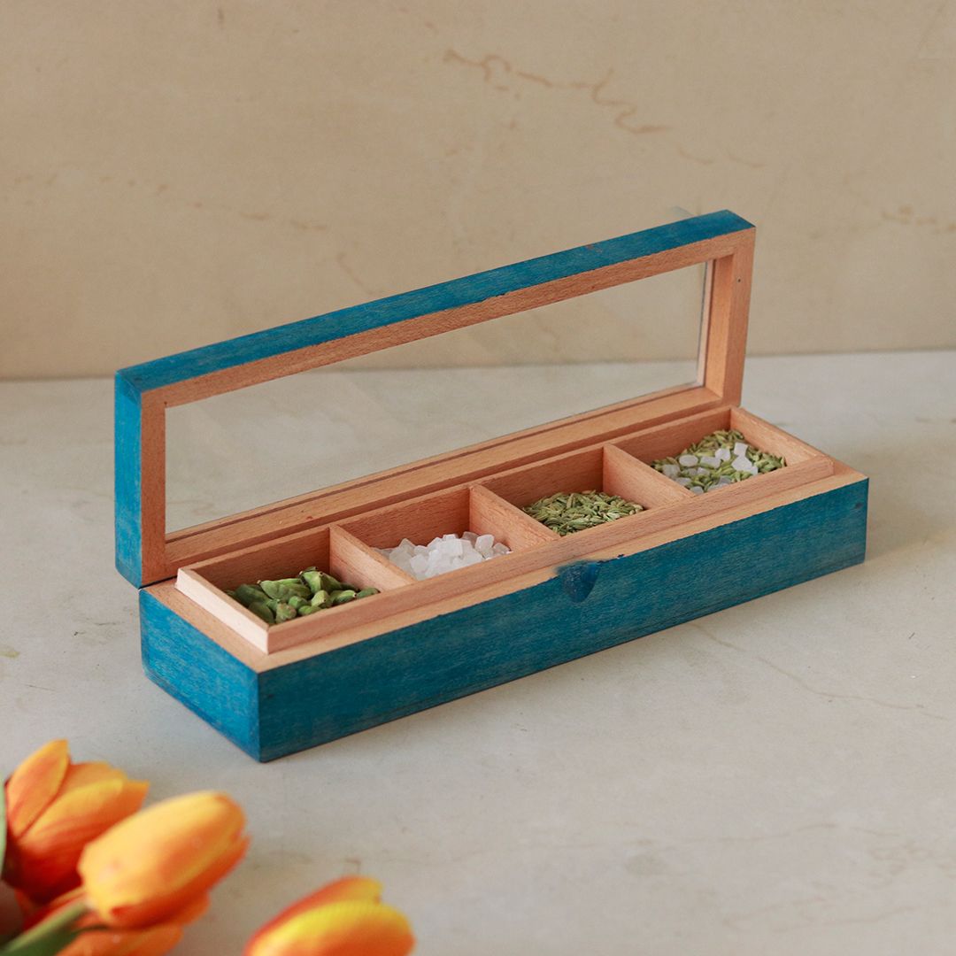 Blue Wooden Utility/Masala Box in Steambeach Wood