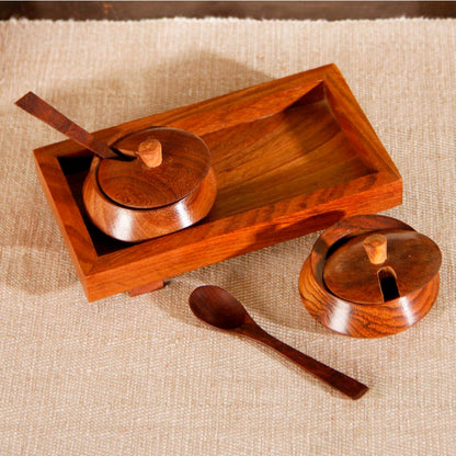 Wooden Brown 2 Jar set with Base Tray and Spoon