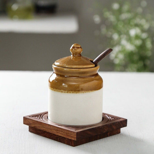 Ceramic Pickle jar & Spoon Set with Wooden Base Stand