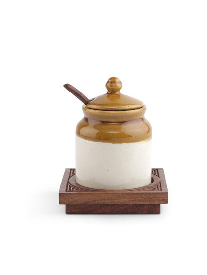 Ceramic Pickle jar & Spoon Set with Wooden Base Stand