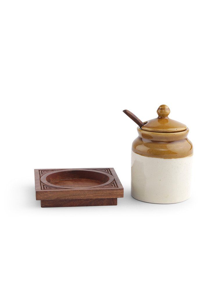 Ceramic Pickle jar & Spoon Set with Wooden Base Stand