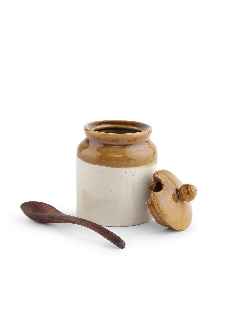 Ceramic Pickle jar & Spoon Set with Wooden Base Stand