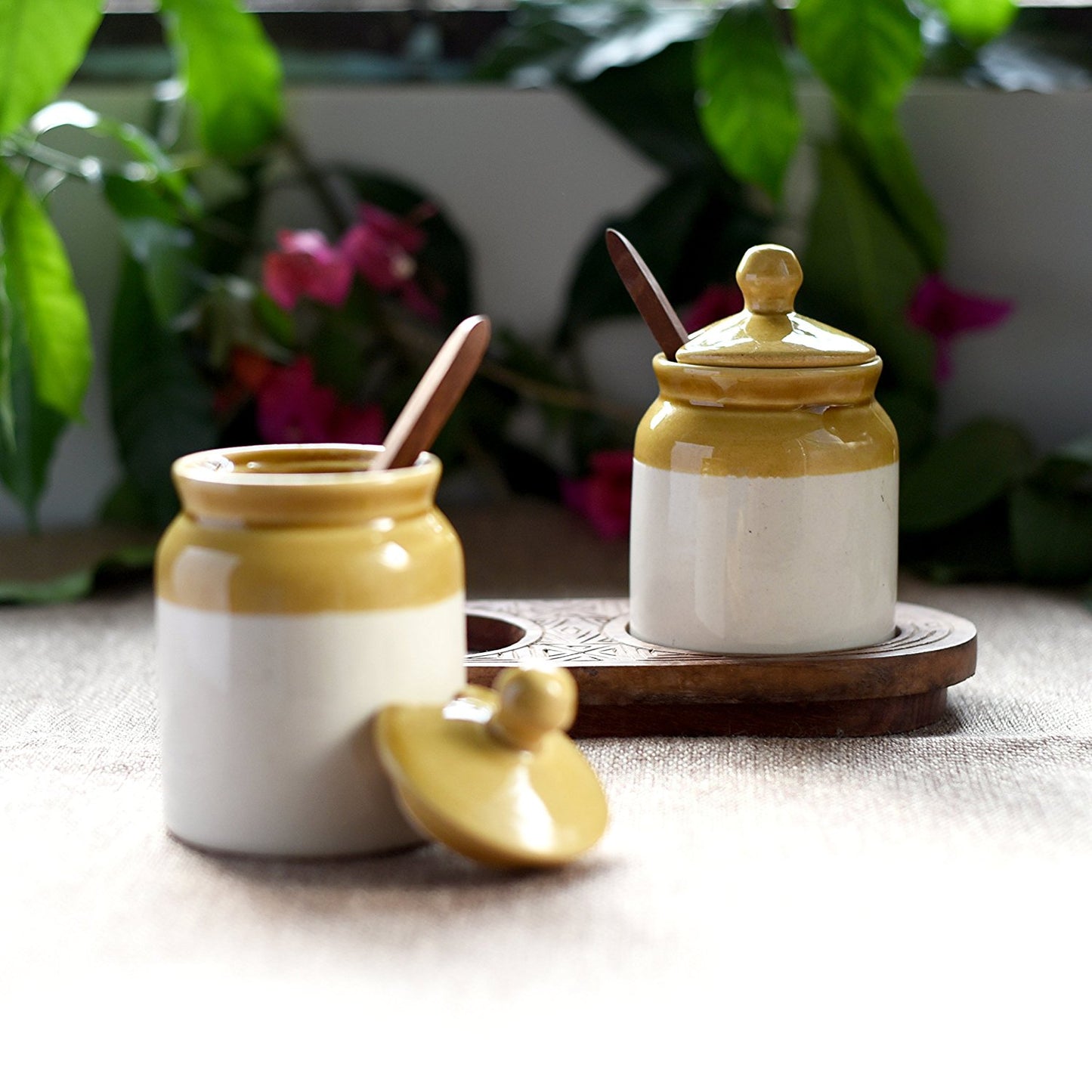 Ceramic Pickle Jar & Spoon set with wooden base stand(Set of 2)