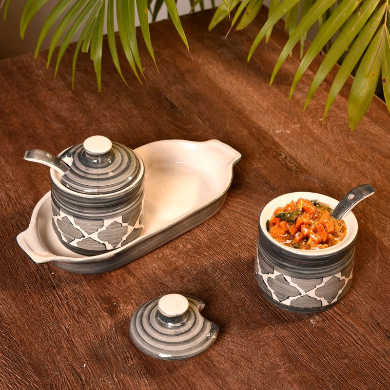 ceramic handpainted jar storage organizer for pickle,masala with spoons & tray(Set of 2)
