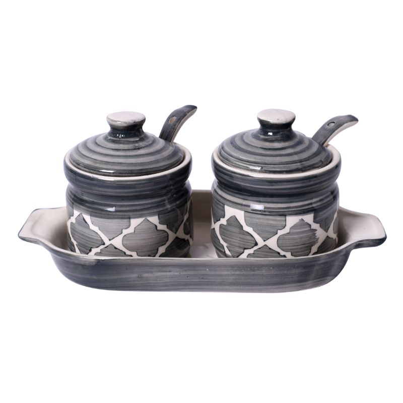 ceramic handpainted jar storage organizer for pickle,masala with spoons & tray(Set of 2)